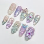 Flower Garden Medium Almond Press On Nails, 3D Flower Theme Fake Nail Art, Unique Design Nail for Summer Holiday Vacation Event - Image 3