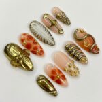 3D Flower With Gold Accent Freestyle Almond Press On Nails, 3D Gel Fairycore Fake Nails, Dreamy Nails for Birthday Vacation Holiday - Image 4