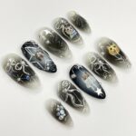 Black Cat Aura Medium Almond Press On Nails, 3D Gel Fairycore Fake Nails, Dreamy Nails for Birthday Vacation Holiday - Image 2