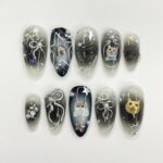 Black Cat Aura Medium Almond Press On Nails, 3D Gel Fairycore Fake Nails, Dreamy Nails for Birthday Vacation Holiday