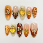 Freestyle Sunset Autumn Inspired Medium Almond Press On Nails, 3D Elegance Fake Nails, Unique Design Nails for Birthday Vacation Holiday