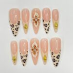 Leopard French Tip With 3D Flower Long Almond Press On Nails, Unique Design Nail for Summer Holiday Vacation Event
