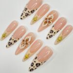Leopard French Tip With 3D Flower Long Almond Press On Nails, Unique Design Nail for Summer Holiday Vacation Event - Image 2