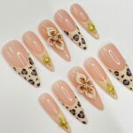 Leopard French Tip With 3D Flower Long Almond Press On Nails, Unique Design Nail for Summer Holiday Vacation Event - Image 3