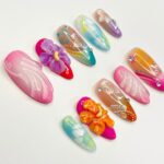 Trendy Colorful 3D Flower for Summer Medium Almond Press On Nail, Custom Design Nail Art,Fake/Flase Nail for Birthday Holiday Vacation Nail - Image 2