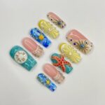 Summer Theme Medium Square Press On Nails, Ocean Inspired Fake Nails Art, 3D Gel Nails for Summer Holiday, Vacation, Event - Image 2
