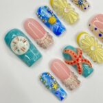 Summer Theme Medium Square Press On Nails, Ocean Inspired Fake Nails Art, 3D Gel Nails for Summer Holiday, Vacation, Event - Image 4