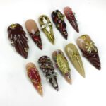 Red & Gold Renaissance Long Stiletto Press On Nails, Unique Design Royal Theme Fake Nail Art for Birthday, Holiday, Vacation, Gift For Her - Image 4