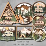 Camping SVG Bundle. Laser cut file for Glowforge. Nature, motorhome, mountains