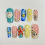 Summer Theme Medium Square Press On Nails, Ocean Inspired Fake Nails Art, 3D Gel Nails for Summer Holiday, Vacation, Event