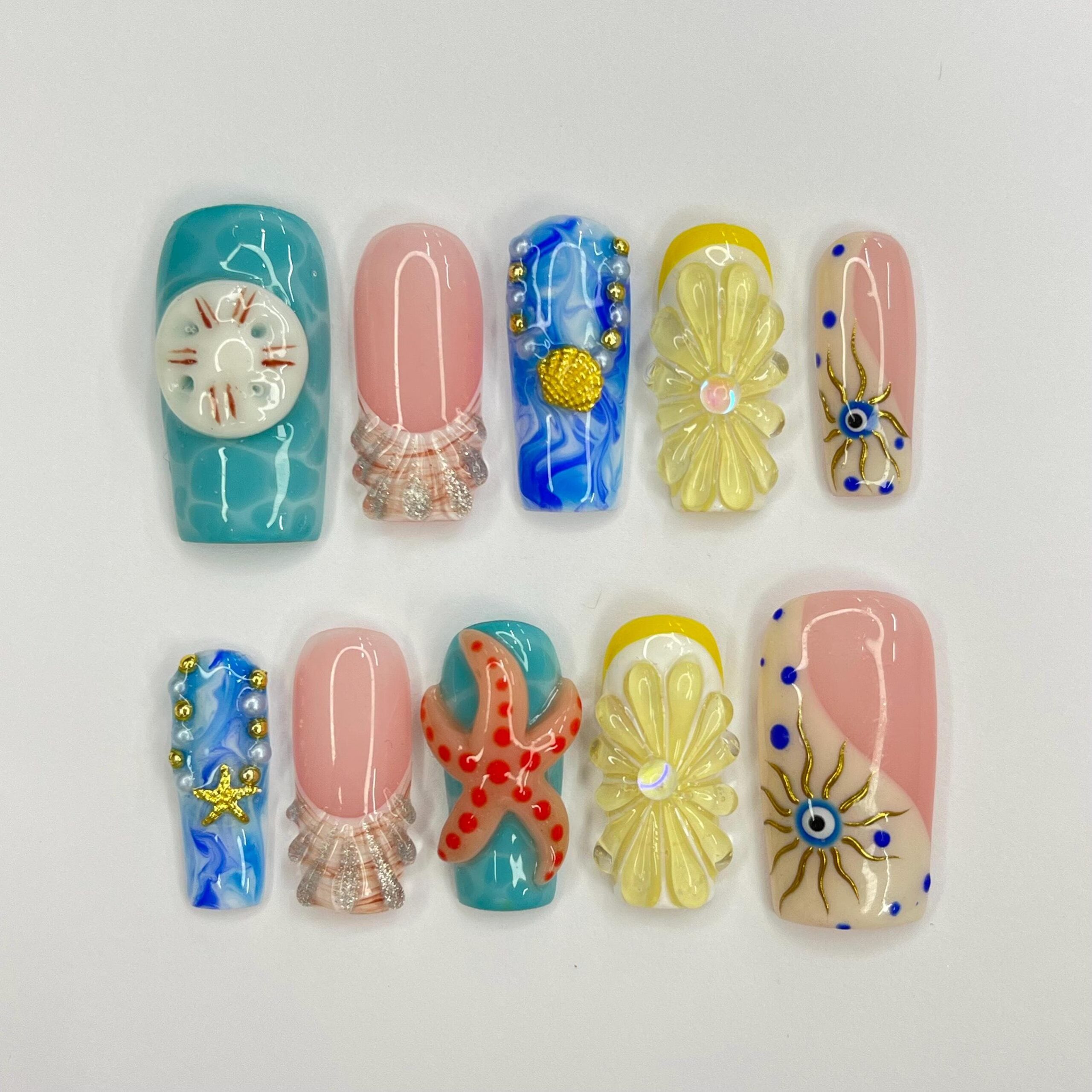 il_fullxfull.6248476217_sx3d Summer Theme Medium Square Press On Nails, Ocean Inspired Fake Nails Art, 3D Gel Nails for Summer Holiday, Vacation, Event - Image 1