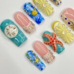Summer Theme Medium Square Press On Nails, Ocean Inspired Fake Nails Art, 3D Gel Nails for Summer Holiday, Vacation, Event - Image 5