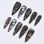 Black Gothic Halloween Long Almond Press On Nail, Halloween/Cosplay/Carnival Nails Art, Handpainted Fake Nail, Reusable Gel Nail - Image 4