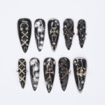 Black Gothic Halloween Long Almond Press On Nail, Halloween/Cosplay/Carnival Nails Art, Handpainted Fake Nail, Reusable Gel Nail