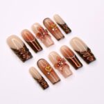 3D Floral and Heart Fall Press On Nails, Copper and Nude Long Square Fake Nails Art for Chic Autumn Style. - Image 3