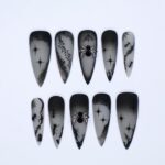 Black and Gray 3D Press-On Nails, Long Stiletto Nails with Spider Web and Ant for Halloween or Gothic Fashion