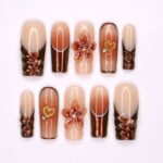 3D Floral and Heart Fall Press On Nails, Copper and Nude Long Square Fake Nails Art for Chic Autumn Style.