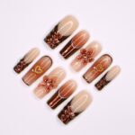 3D Floral and Heart Fall Press On Nails, Copper and Nude Long Square Fake Nails Art for Chic Autumn Style. - Image 2