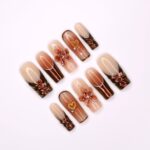 3D Floral and Heart Fall Press On Nails, Copper and Nude Long Square Fake Nails Art for Chic Autumn Style. - Image 5