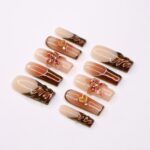 3D Floral and Heart Fall Press On Nails, Copper and Nude Long Square Fake Nails Art for Chic Autumn Style. - Image 4