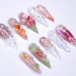 Stunning Long Stiletto Press-On Nails, Pink Orchid, Butterfly Design & Chic Chrome Pearl Effect - Perfect for Glamorous Looks - Image 4