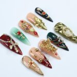 Christmas Press On Nails with Cross and Angel Accents, Virgin Mary Long Stiletto Nails in Red, Green, and Gold for Holiday, Gift for Her - Image 3