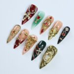 Christmas Press On Nails with Cross and Angel Accents, Virgin Mary Long Stiletto Nails in Red, Green, and Gold for Holiday, Gift for Her - Image 2