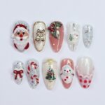 Festive Medium Almond Press-On Nails: Santa Claus, Candy Cane & Christmas Bell Designs - Perfect for Christmas Day Gifts
