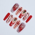 Elegant Long Coffin Press-On Nail, Yuletide Bliss with White Snow, Sparkling Gems, Red French Tip, Perfect for Christmas Day or Gift for Her - Image 4