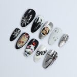 Elevate Your Holiday Style with Medium Almond Press-On Nails: Sleek Black Design Adorned with White Snowflakes - Perfect Christmas Gift - Image 5