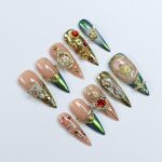 Elevate Holiday Glam Long Stiletto PressOn Nail in Chrome Aurora Green with Angel Design, Perfect Gift for Christmas or Special Occasion - Image 2