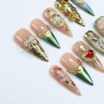 Elevate Holiday Glam Long Stiletto PressOn Nail in Chrome Aurora Green with Angel Design, Perfect Gift for Christmas or Special Occasion - Image 4