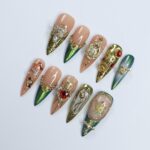 Elevate Holiday Glam Long Stiletto PressOn Nail in Chrome Aurora Green with Angel Design, Perfect Gift for Christmas or Special Occasion - Image 5