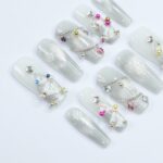 Elegant White Long Coffin Press-On Nails with Silver Chrome, Glitter & Gems - Perfect for Christmas Day or Gift for Her - Image 5
