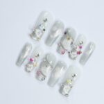 Elegant White Long Coffin Press-On Nails with Silver Chrome, Glitter & Gems - Perfect for Christmas Day or Gift for Her - Image 3