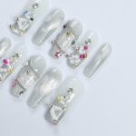 Elegant White Long Coffin Press-On Nails with Silver Chrome, Glitter & Gems - Perfect for Christmas Day or Gift for Her - Image 4
