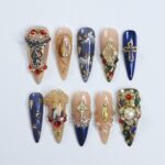 Stunning Long Almond Press-On Nails - 3D Gel Design Featuring Angel, Virgin Mary in Blue & Gold – Perfect for Christmas Day or Gift for Her