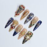Stunning Long Almond Press-On Nails - 3D Gel Design Featuring Angel, Virgin Mary in Blue & Gold – Perfect for Christmas Day or Gift for Her - Image 3