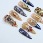 Stunning Long Almond Press-On Nails - 3D Gel Design Featuring Angel, Virgin Mary in Blue & Gold – Perfect for Christmas Day or Gift for Her - Image 5