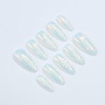 Chic Medium Almond Press-On Nails: Pearl Chrome & White Snow Design – Perfect for Christmas Day Glam or a Thoughtful Gift for Her - Image 5