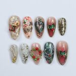 Festive Medium Almond Press-On Nails: Adorned with Laurel Wreaths, Music Notes, Socks & Hearts – Perfect Christmas Gift for Her