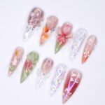 Stunning Long Stiletto Press-On Nails, Pink Orchid, Butterfly Design & Chic Chrome Pearl Effect - Perfect for Glamorous Looks - Image 3