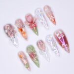 Stunning Long Stiletto Press-On Nails, Pink Orchid, Butterfly Design & Chic Chrome Pearl Effect - Perfect for Glamorous Looks - Image 2