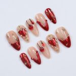 Festive Elegance: Dark Red Christmas Press-On Nails with Heart Designs & Golden Gems - Perfect Holiday Accessory or a Gift for Her - Image 2