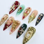 Christmas Press On Nails with Cross and Angel Accents, Virgin Mary Long Stiletto Nails in Red, Green, and Gold for Holiday, Gift for Her - Image 4