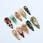 Christmas Press On Nails with Cross and Angel Accents, Virgin Mary Long Stiletto Nails in Red, Green, and Gold for Holiday, Gift for Her - Image 5