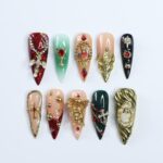 Christmas Press On Nails with Cross and Angel Accents, Virgin Mary Long Stiletto Nails in Red, Green, and Gold for Holiday, Gift for Her