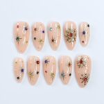 Festive Elegance: Medium Almond Press-On Nails with Colorful Gems and Gold Chrome Snow – Perfect for Christmas Nights and Gifts for Her