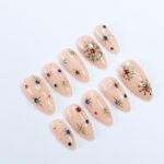 Festive Elegance: Medium Almond Press-On Nails with Colorful Gems and Gold Chrome Snow – Perfect for Christmas Nights and Gifts for Her - Image 3