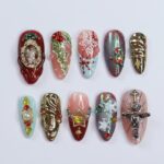 Stunning Medium Almond Press-On Nails: Bay Leaf & Angel Red with Gold Chrome — the perfect festive touch for Christmas or Gift for Her